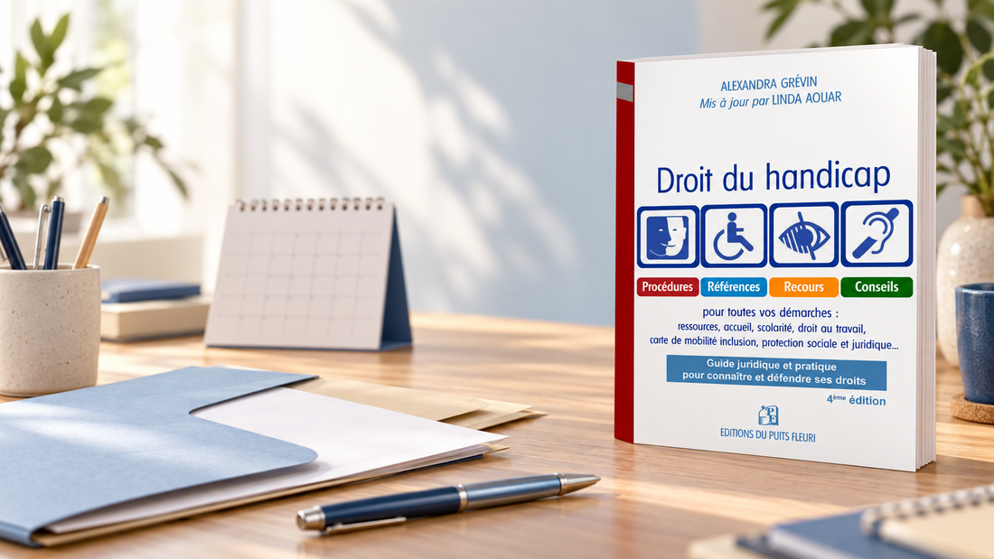 Livre « Droit du handicap » d'Alexandra Grévin, 4e édition, posé sur un bureau près d'un dossier et d'un stylo pour préparer un recours MDPH