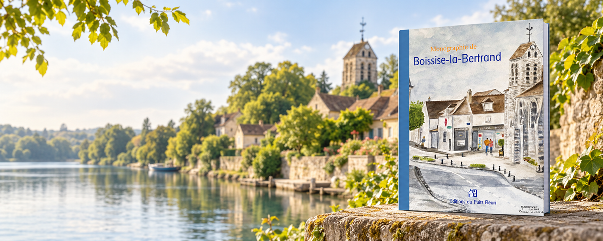 Couverture du livre « Monographie de Boissise-la-Bertrand », aquarelle de la place de l’église et de la brasserie, Éditions du Puits Fleuri