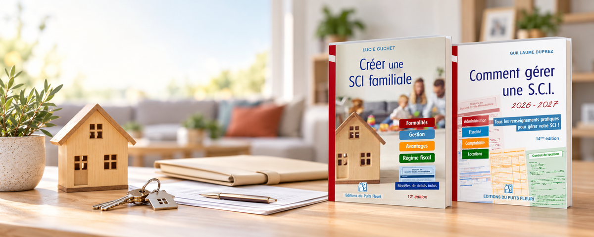 Créer une SCI familiale (Lucie Guchet) et Comment gérer une SCI (Guillaume Duprez), Éditions du Puits Fleuri, avec maison en bois et clés